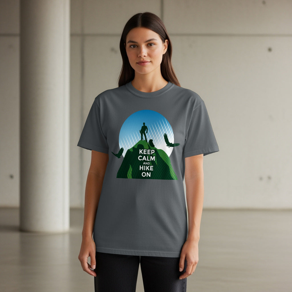 T-shirt graphic with hiker on mountain, birds, and "Keep Calm and Hike On" text.