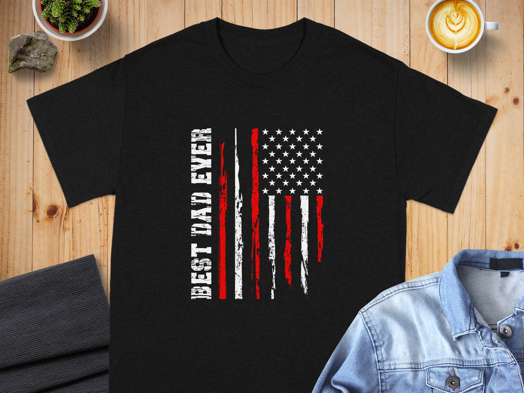 Black t-shirt with distressed American flag graphic and "BEST DAD EVER" text.