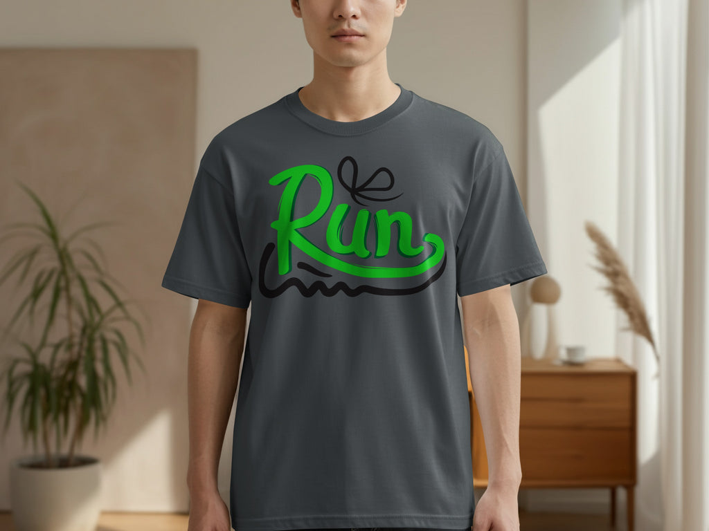 Gray t-shirt with green and black "Run" graphic on chest.