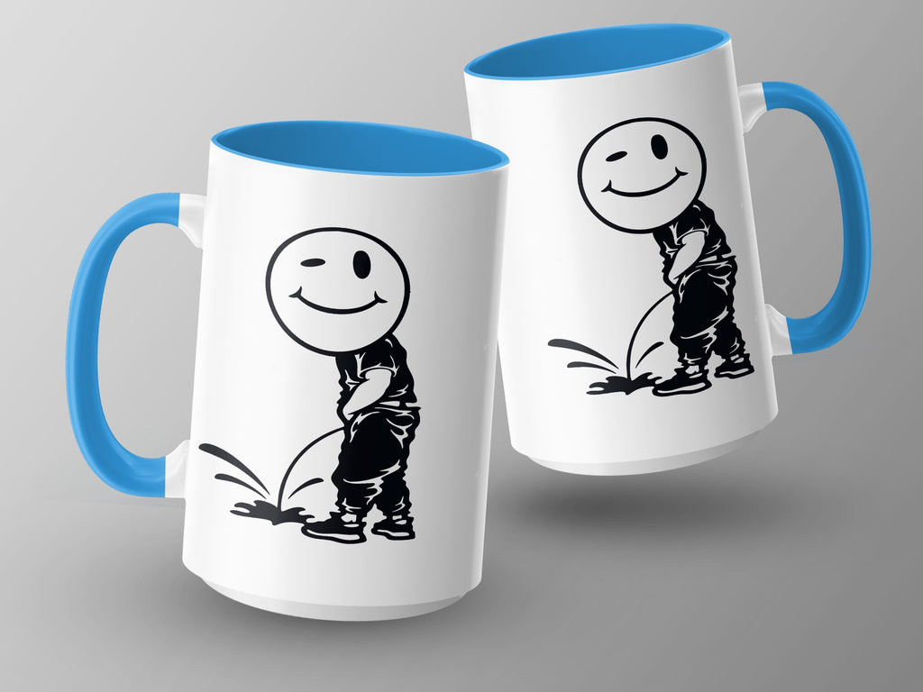 White mugs with blue handles and interiors, featuring a black graphic of a winking smiley face character peeing.