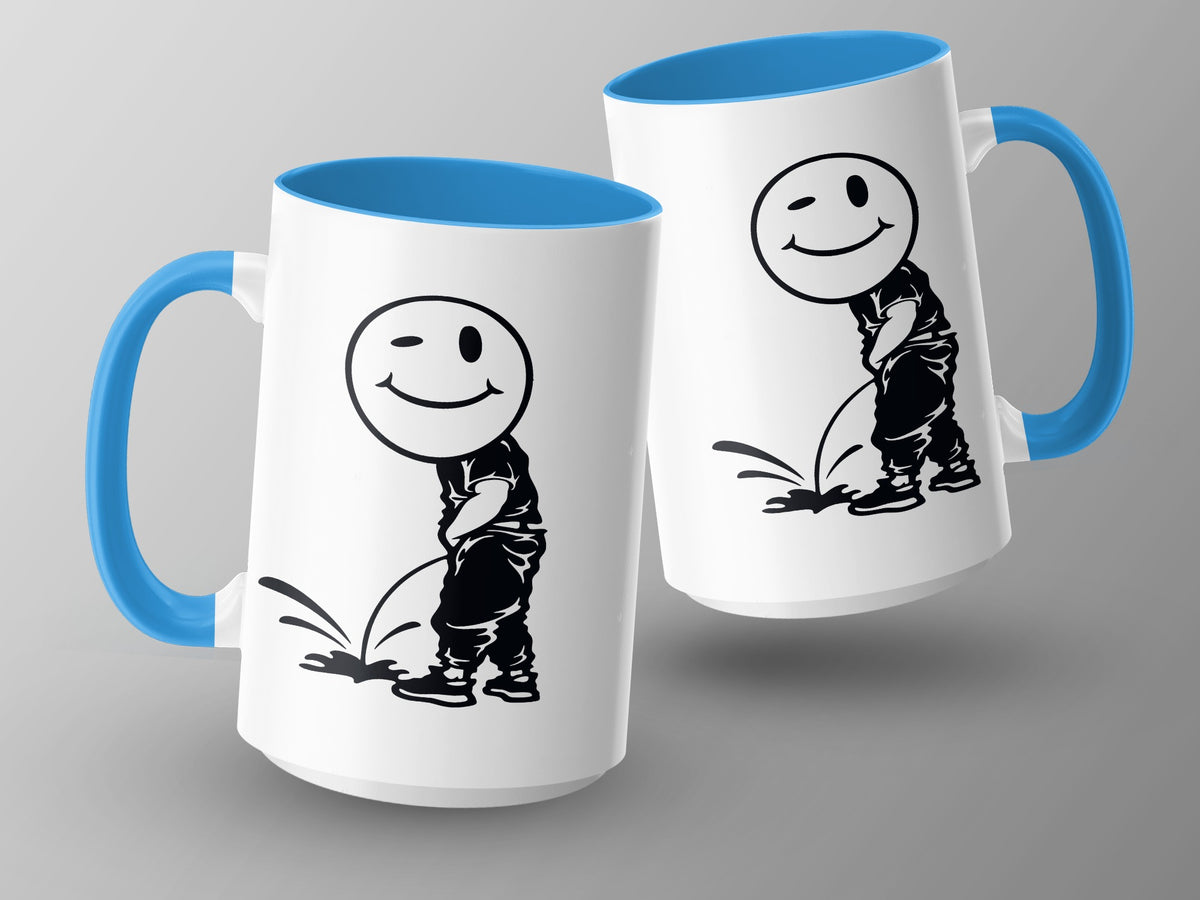 White mugs with blue handles and interiors, featuring a black graphic of a winking smiley face character peeing.
