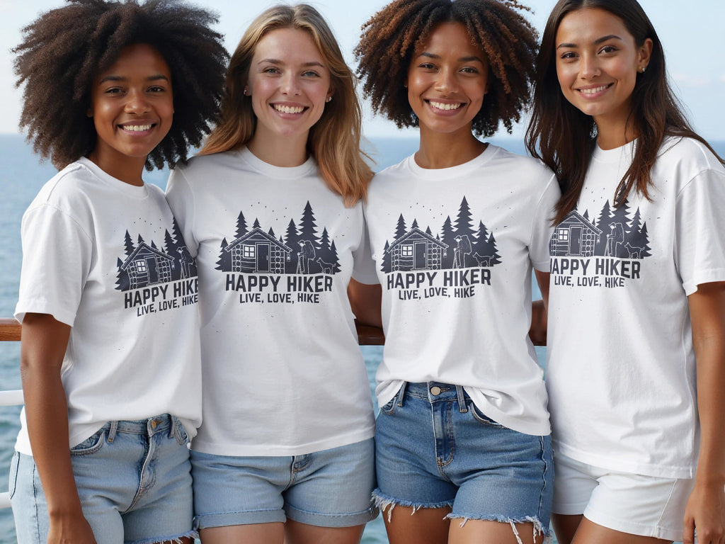Four women smile wearing white t-shirts with "Happy Hiker" and a cabin scene graphic.