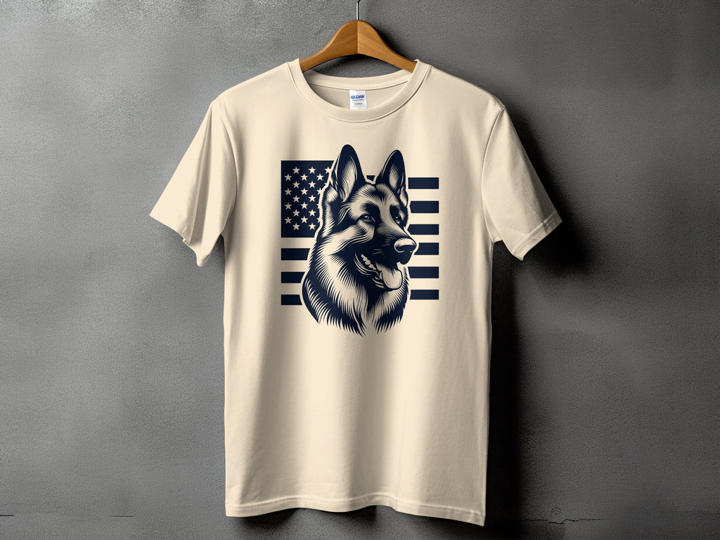T-shirt with a German Shepherd head graphic against an American flag design.