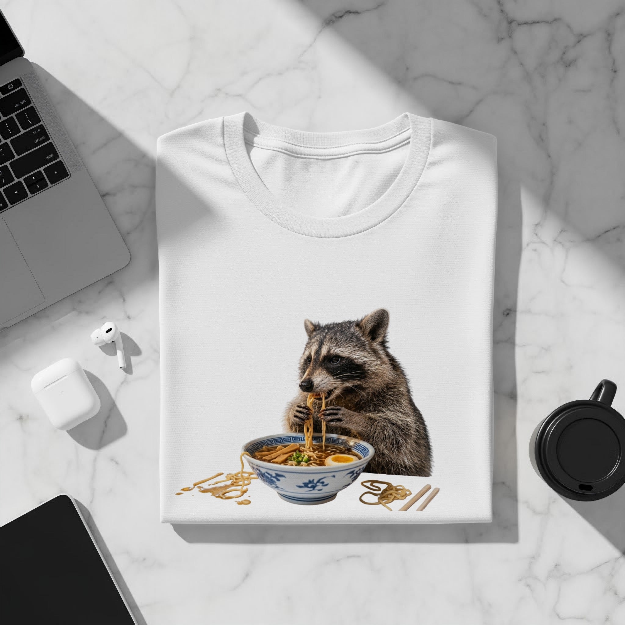 White t-shirt with a raccoon eating ramen graphic.