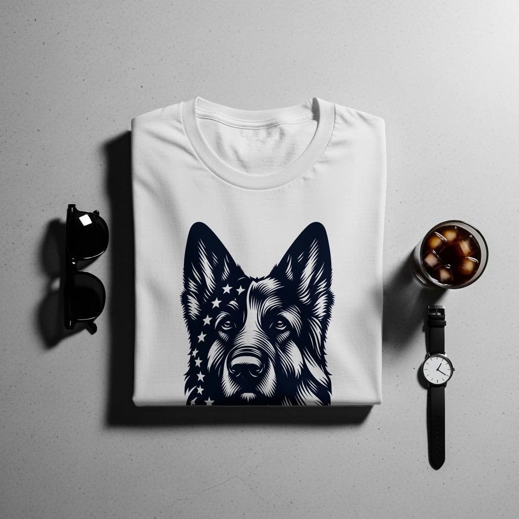 White t-shirt with a black German Shepherd design featuring stars on its face.