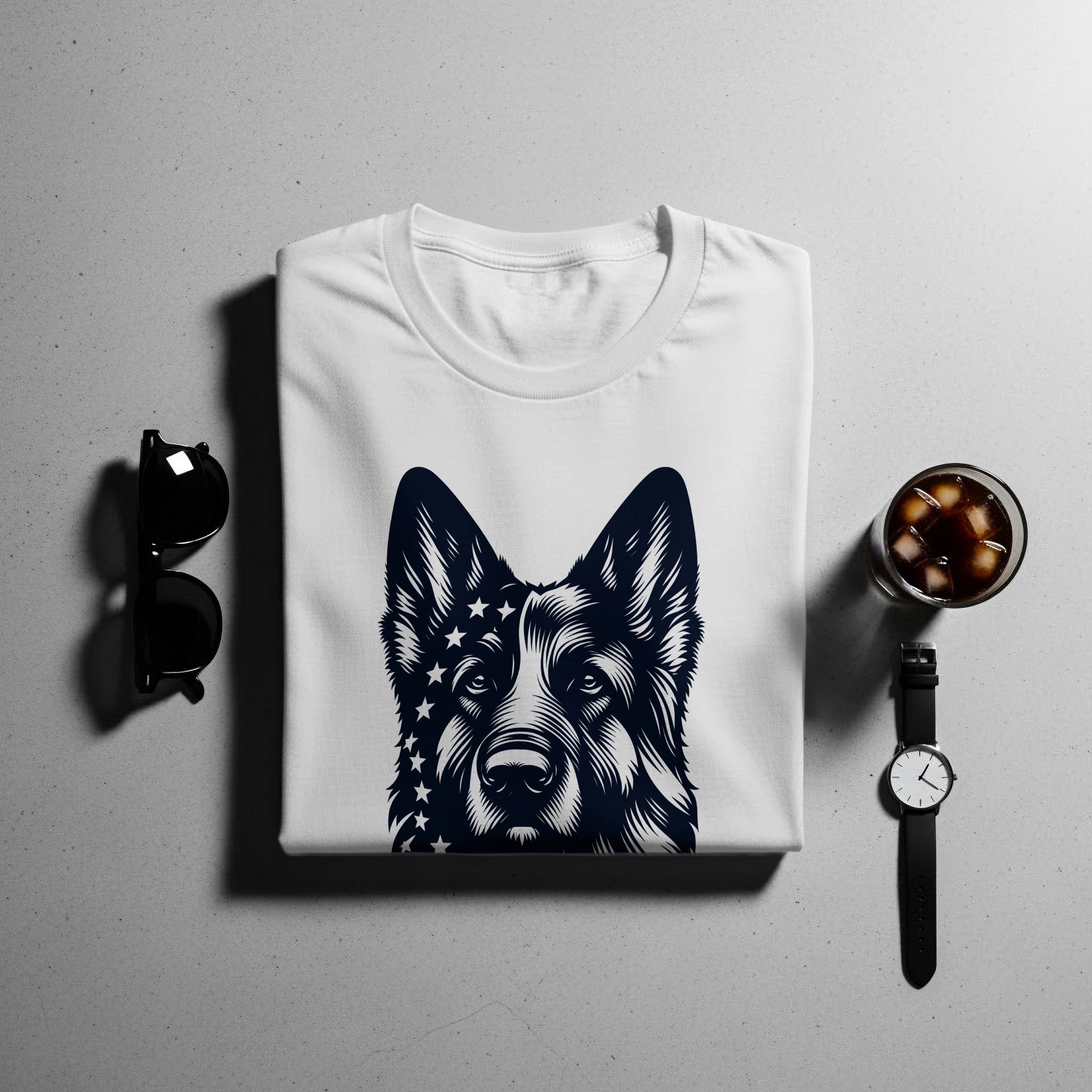 White t-shirt with a black German Shepherd design featuring stars on its face.