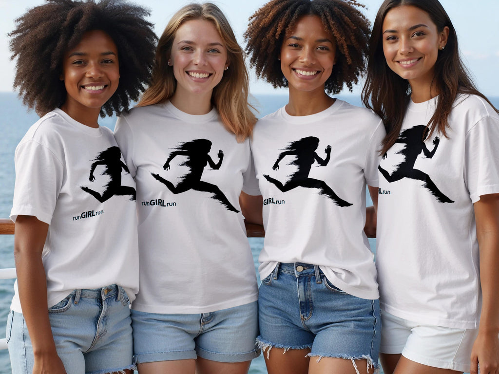 Four diverse women wear white t-shirts with a black running silhouette and "runGIRLrun" text.