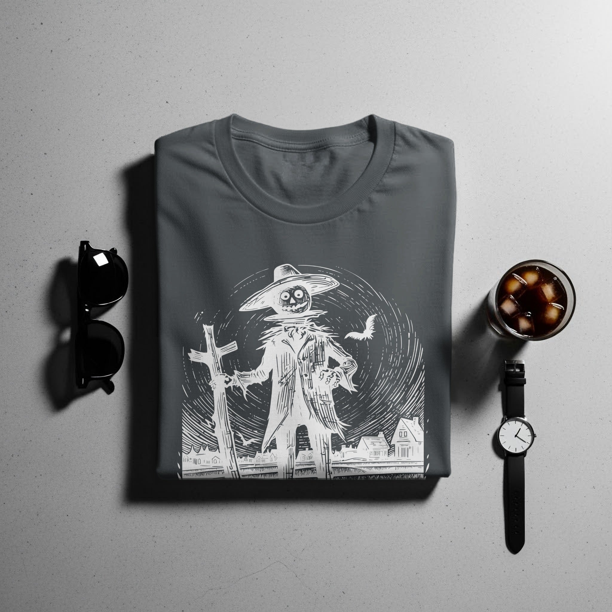 Gray t-shirt with white sketch of a scarecrow, bat, and houses.