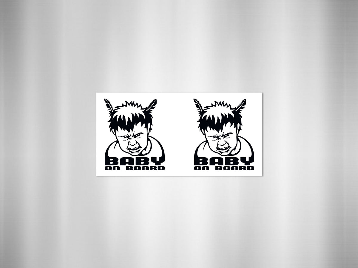Two identical "Baby on Board" stickers featuring an angry baby face with feathers.