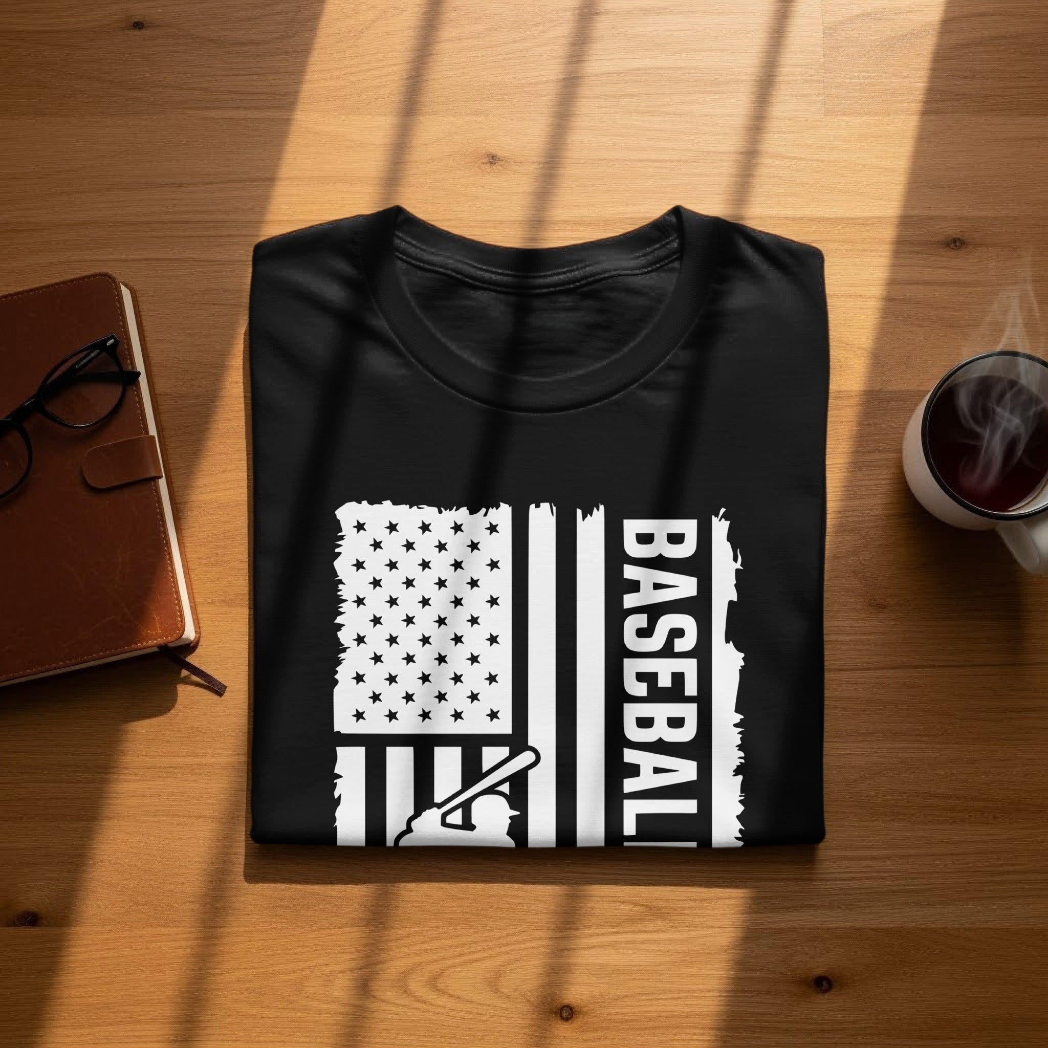 Black t-shirt with distressed American flag and "BASEBALL" text.