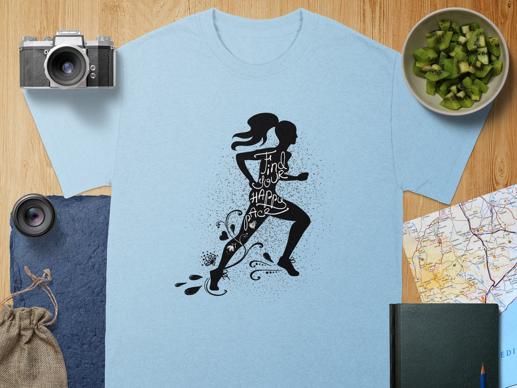 Light blue t-shirt with black silhouette of runner and "Find your happy pace" text.