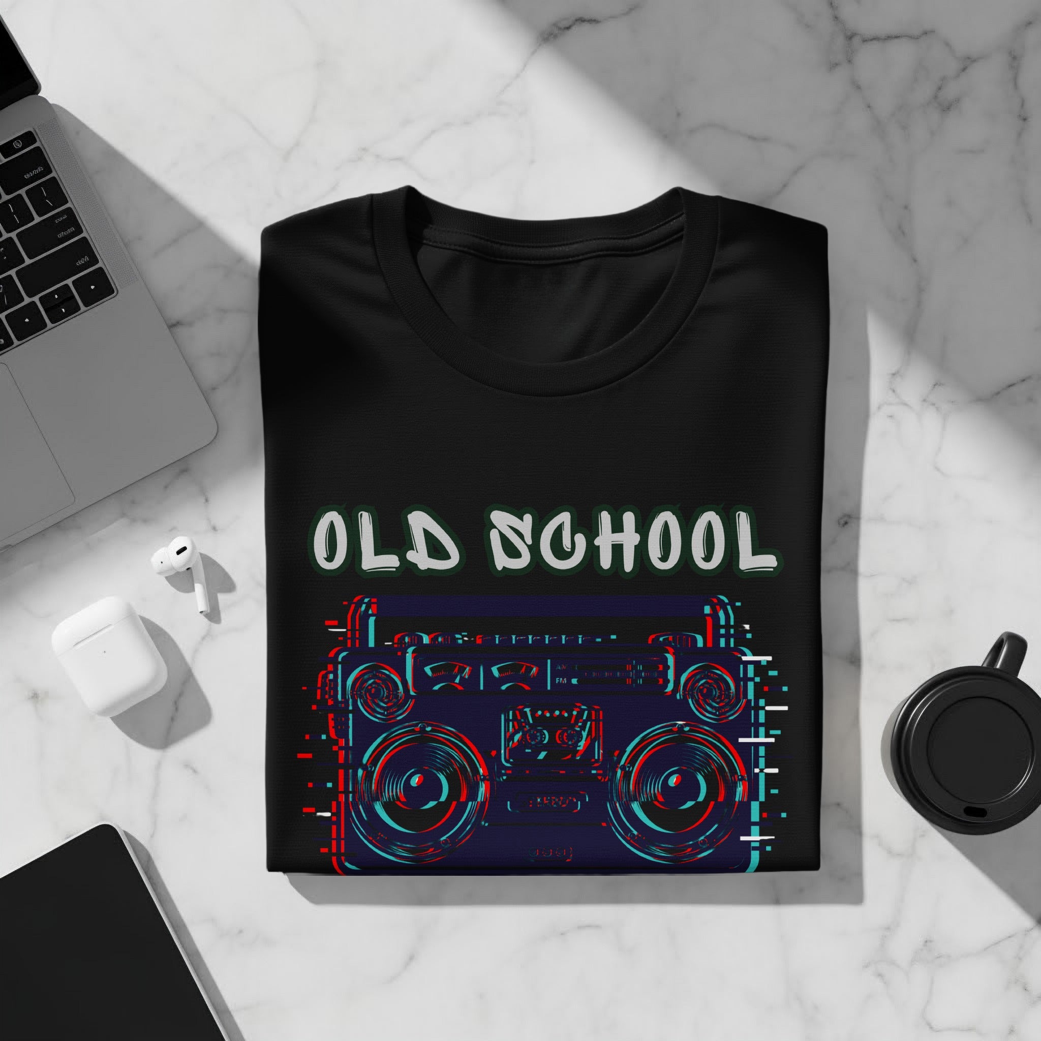 Black t-shirt with "OLD SCHOOL" text and a glitch art boombox graphic.