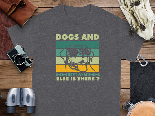 Dark gray t-shirt with a graphic of a dog wearing sunglasses and text "Dogs And Beer What Else Is There?".