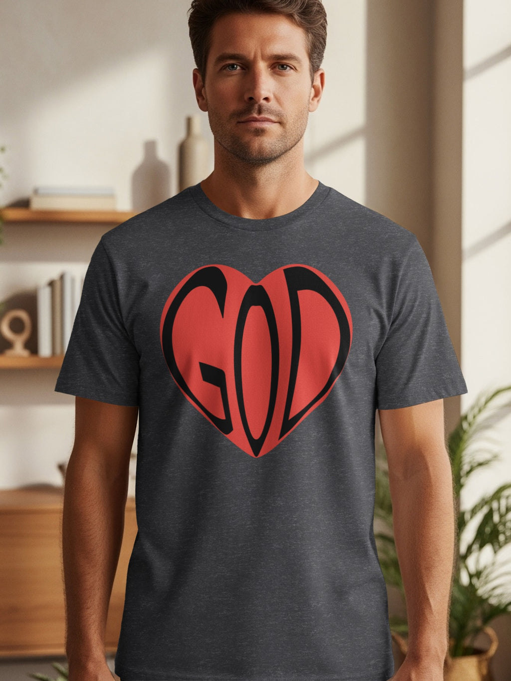 Man wearing dark t-shirt with red and black "GOD" heart graphic.
