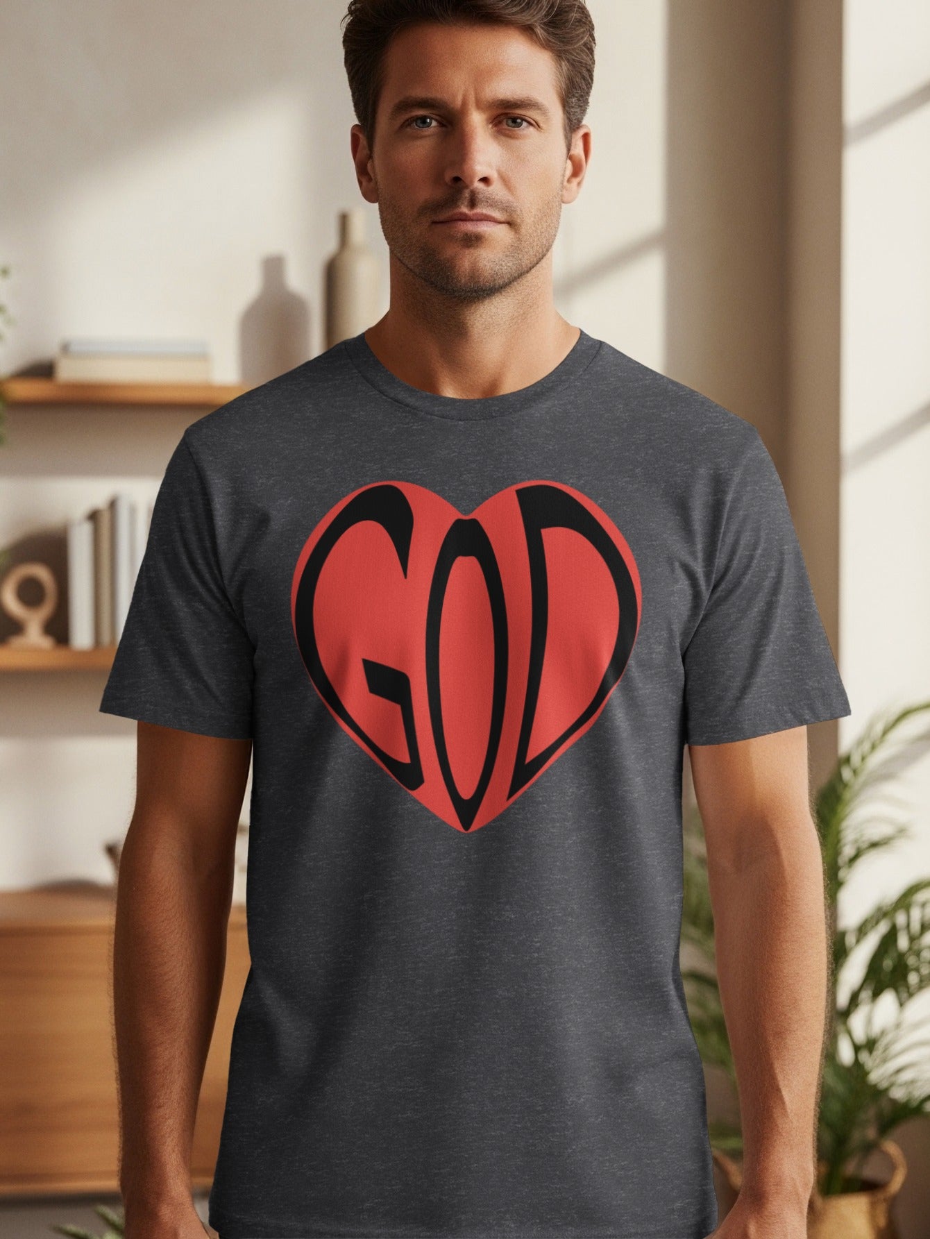 Man wearing dark t-shirt with red and black "GOD" heart graphic.