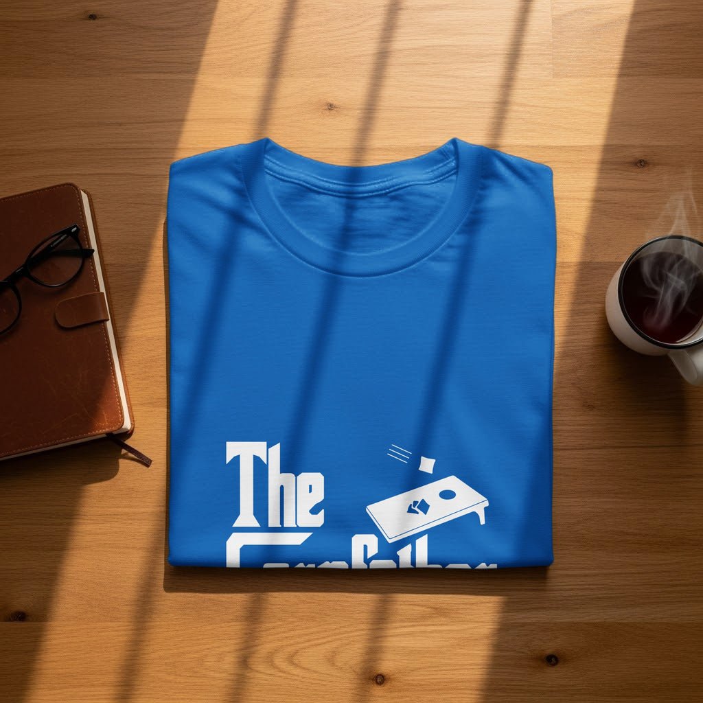 Blue t-shirt with white text "The" and a cornhole board graphic.