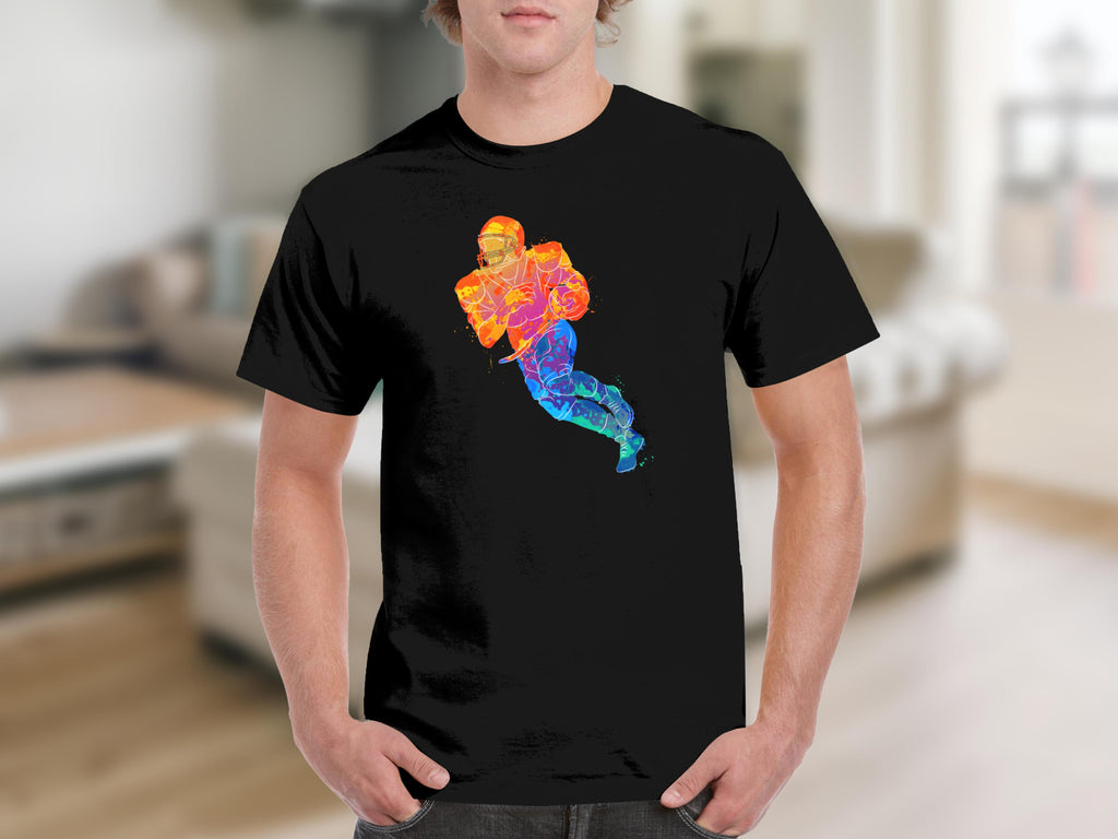 Black t-shirt with rainbow watercolor football player graphic.