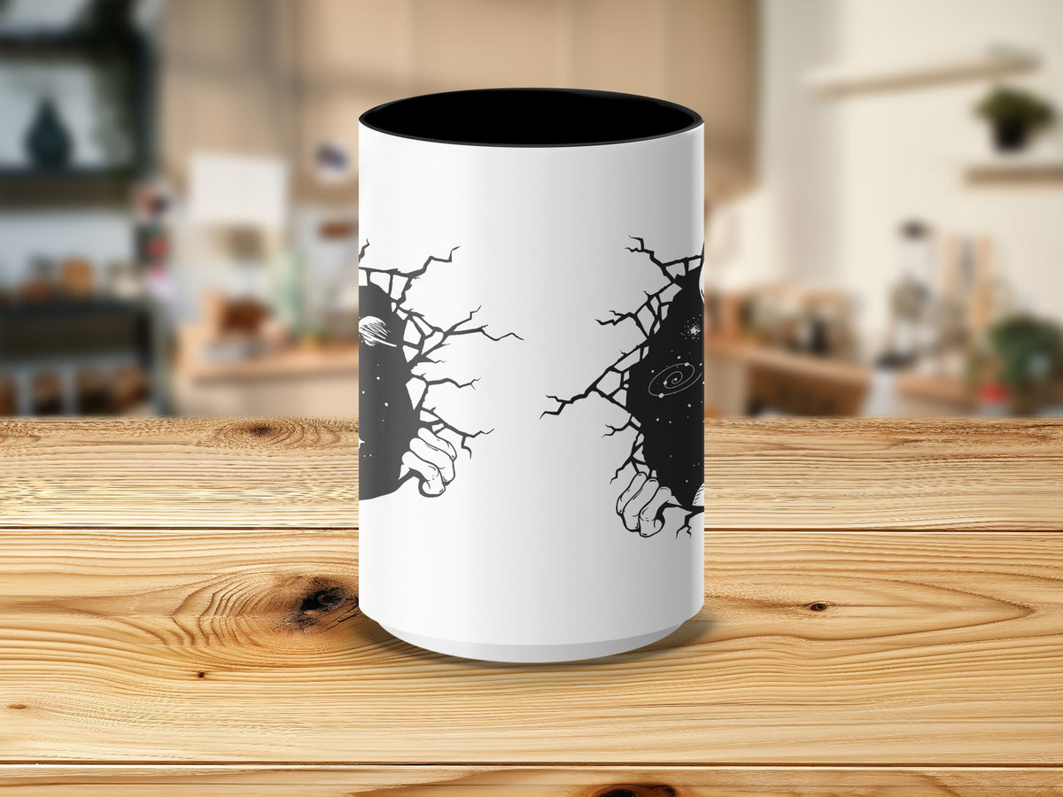 White mug with black inner rim featuring cosmic scene design with cracking effect.