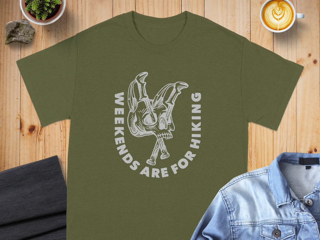 Olive t-shirt with "Weekends Are For Hiking" text and skull graphic.