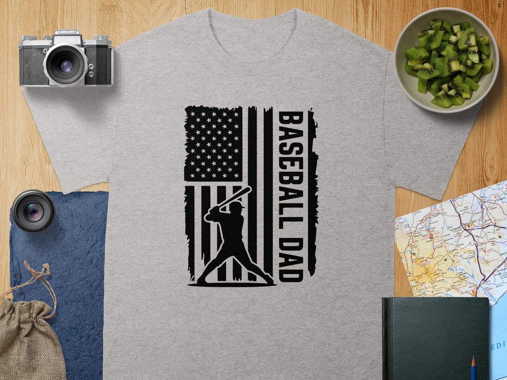 Grey t-shirt with black baseball dad graphic and distressed American flag.