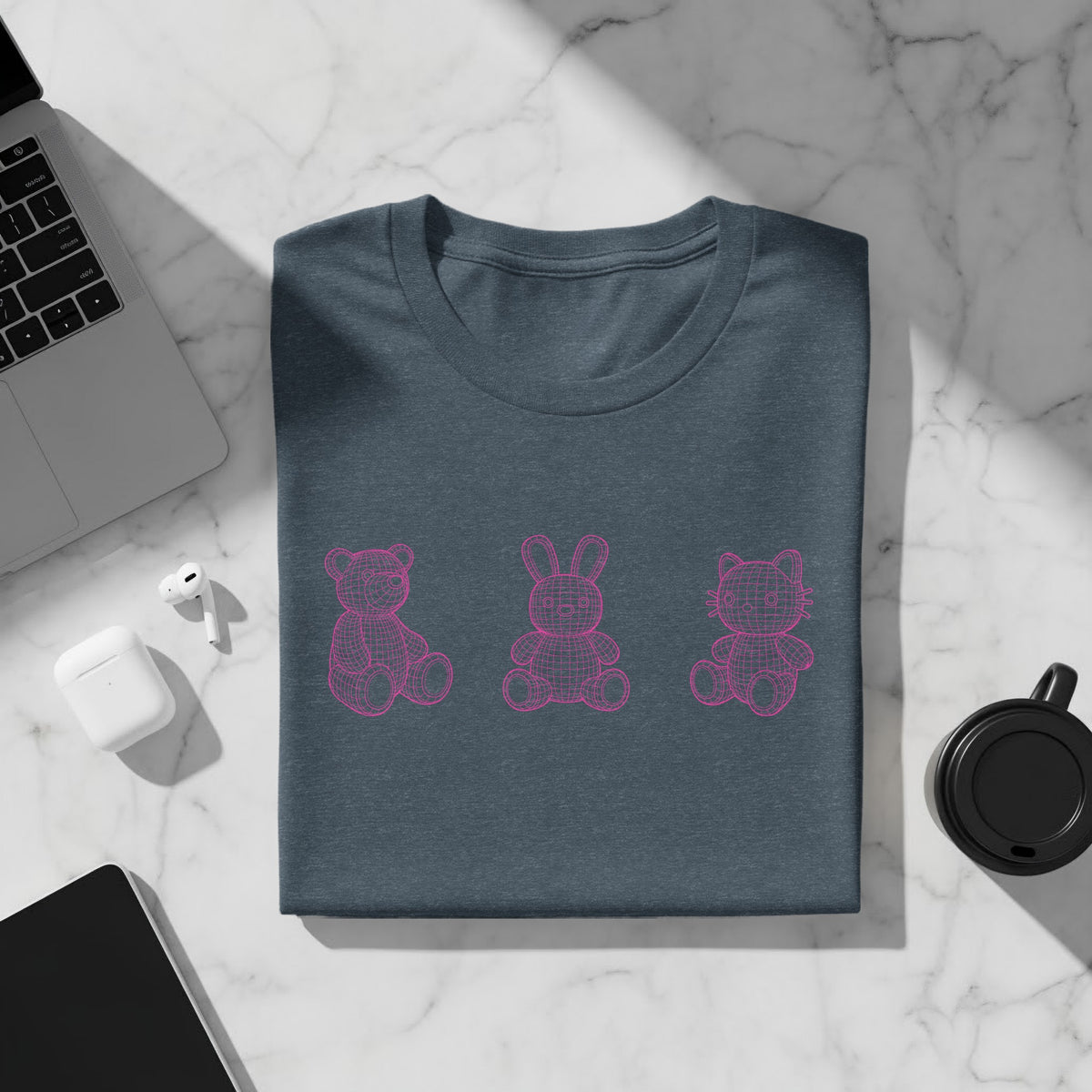 Dark gray t-shirt with three pink wireframe animal designs: bear, rabbit, and cat.