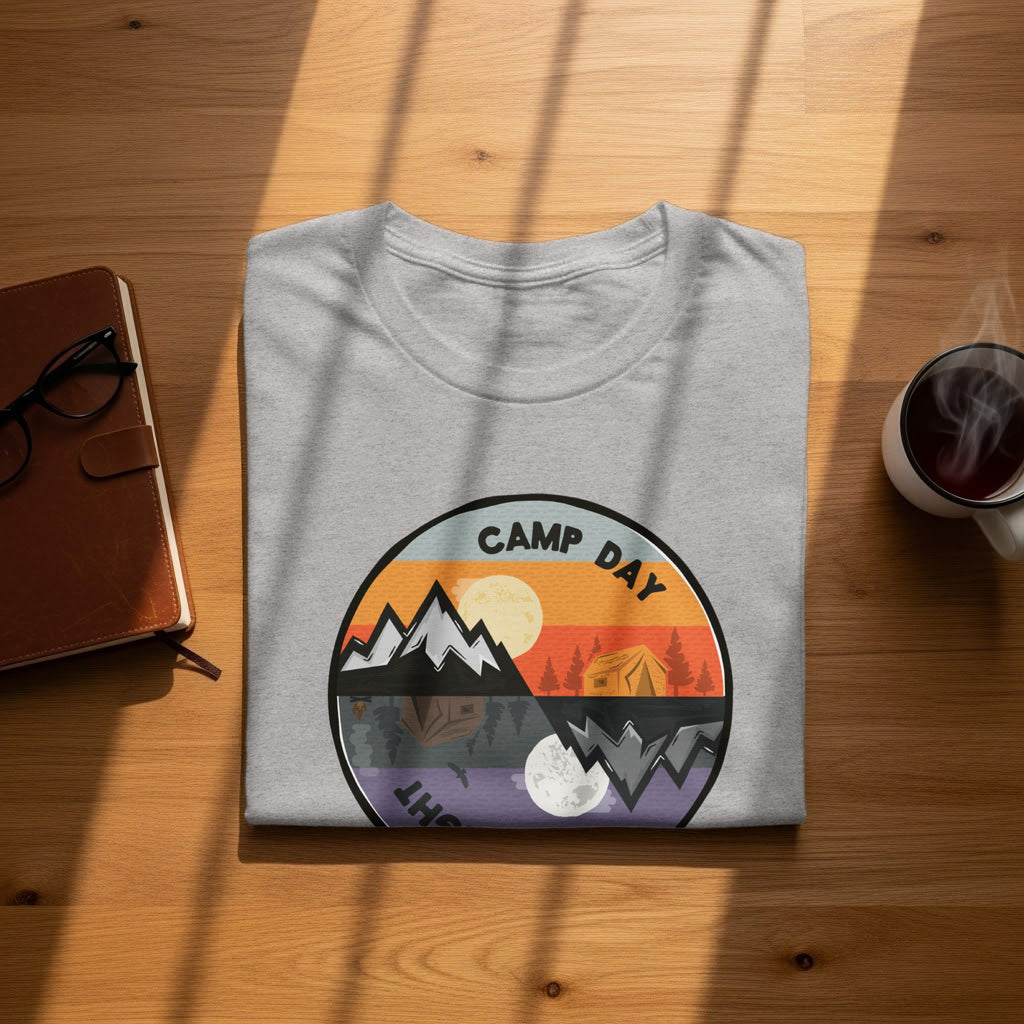 Gray t-shirt with a circular graphic of camping day and night scenes: "CAMP DAY" text.