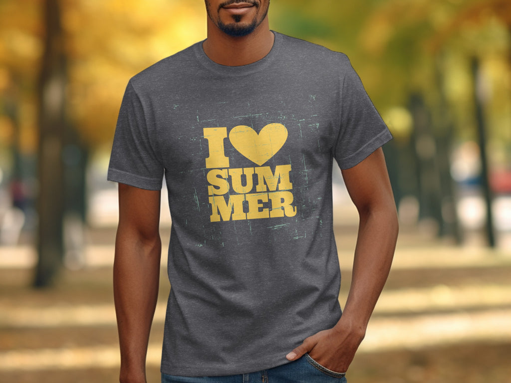 Dark grey t-shirt with yellow "I heart SUMMER" graphic.