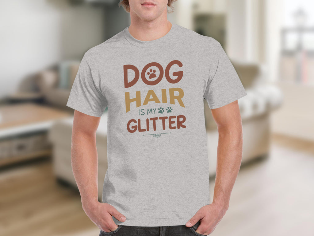 Grey t-shirt with text "Dog Hair is my Glitter" and paw prints.