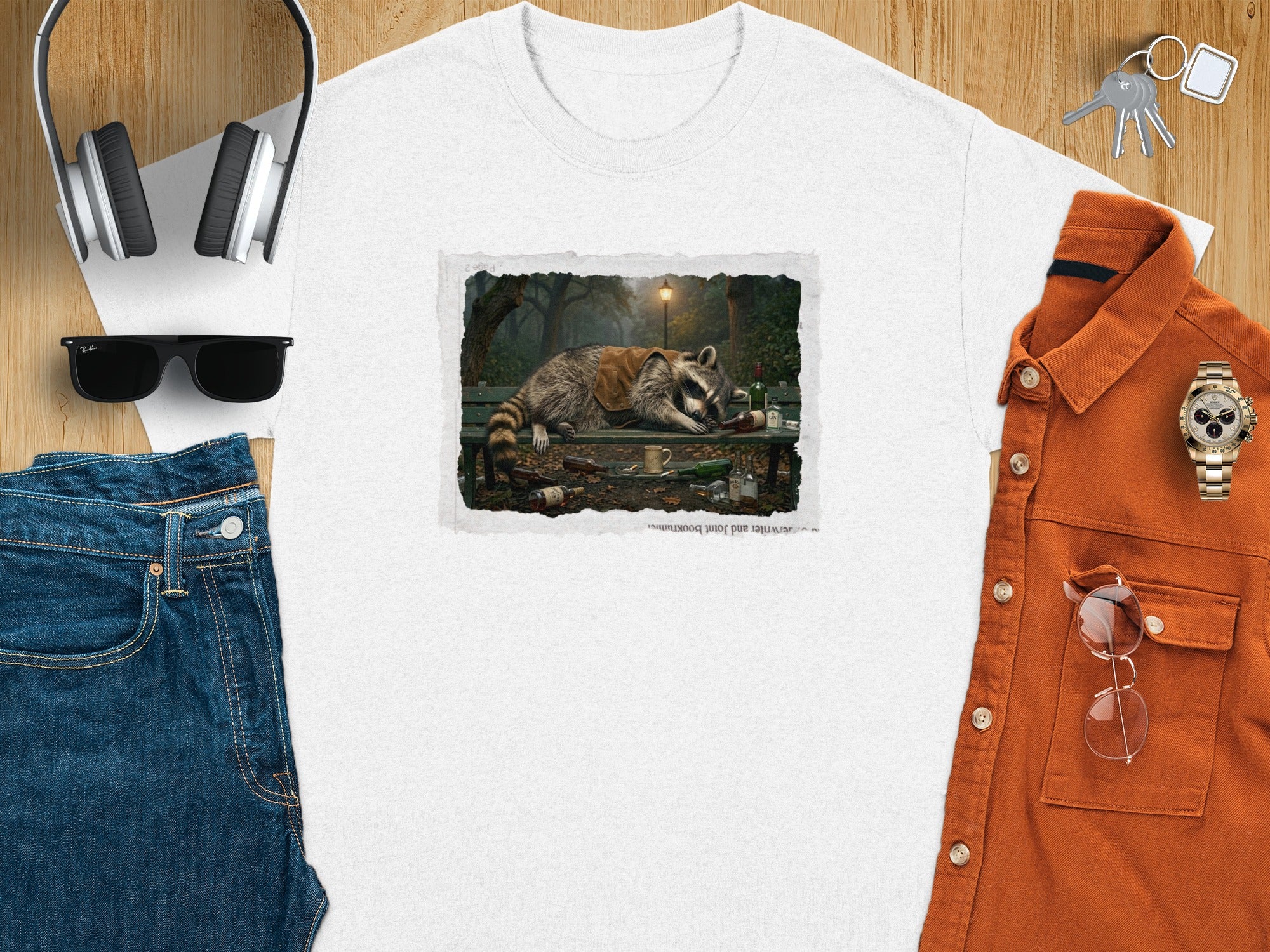 T-shirt graphic: raccoon asleep on park bench with bottles near a lamppost.