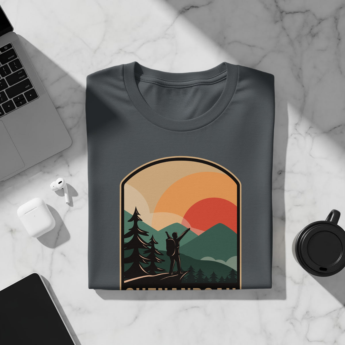 Dark grey t-shirt with a vintage mountain sunset graphic and text.