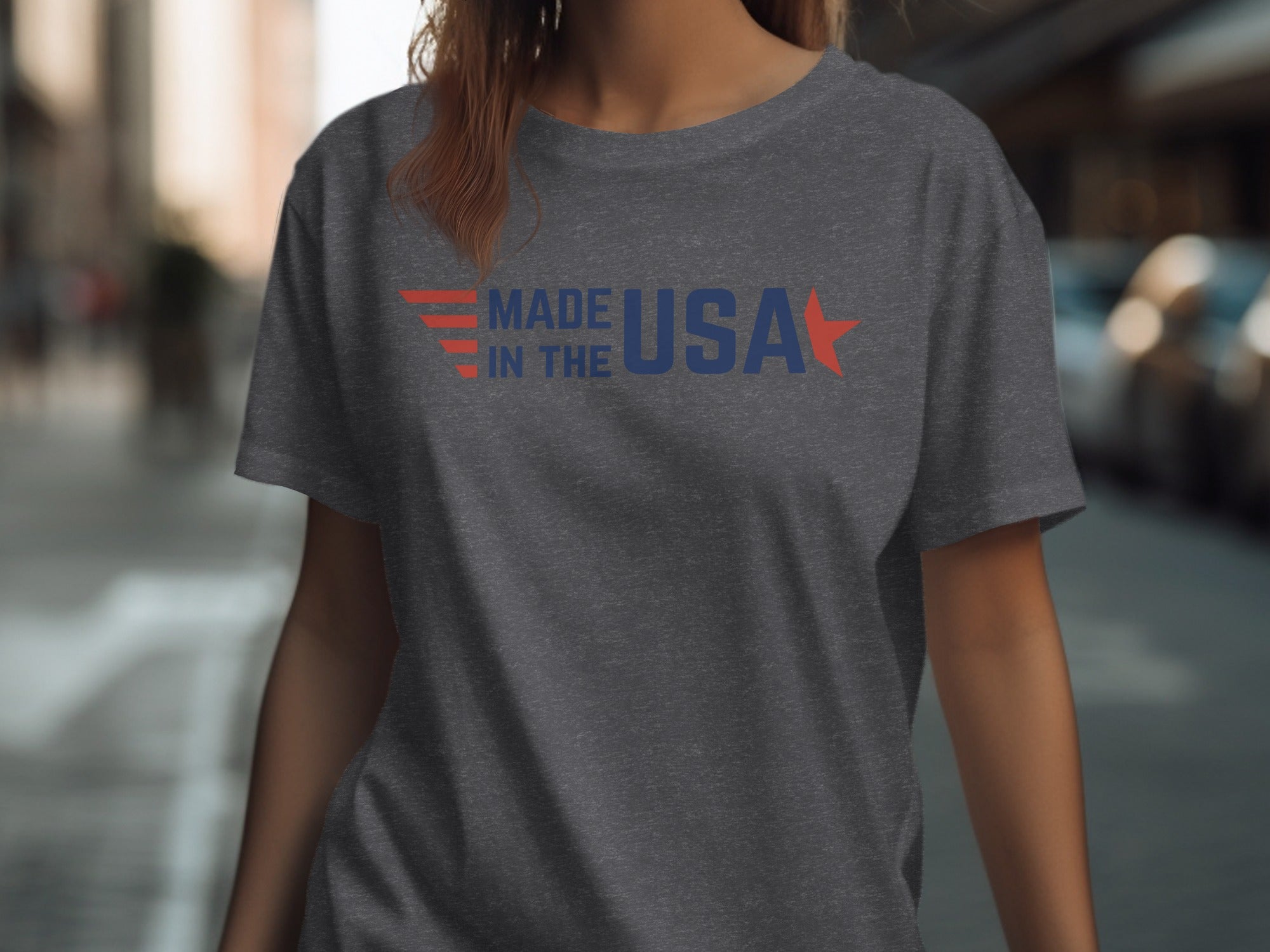Dark gray t-shirt with "MADE IN THE USA" text and a red star graphic.
