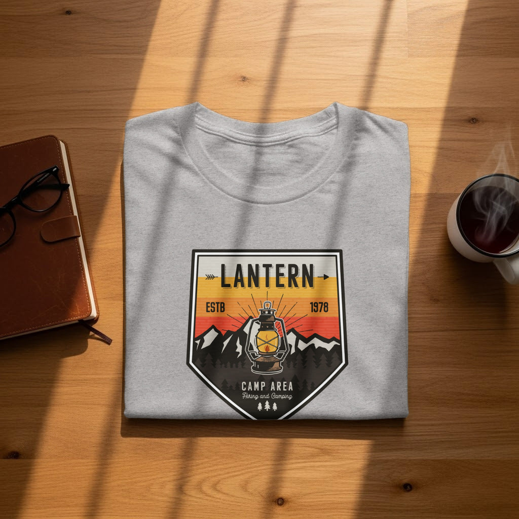 Light gray t-shirt with a vintage lantern, mountains, and text.