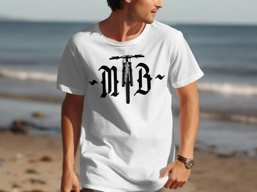White t-shirt with black gothic font text and a bicycle wheel.