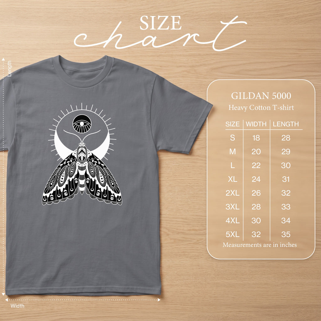 Gildan 5000 heavy cotton t-shirt with moth graphic and size chart.