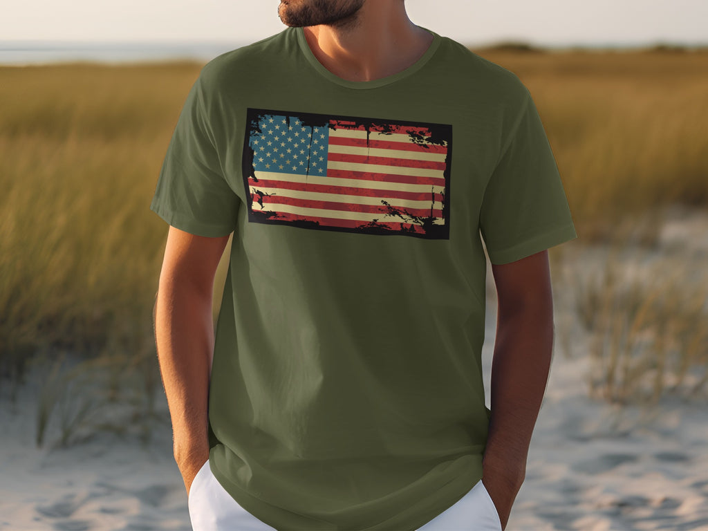 Olive t-shirt with distressed American flag graphic on chest.