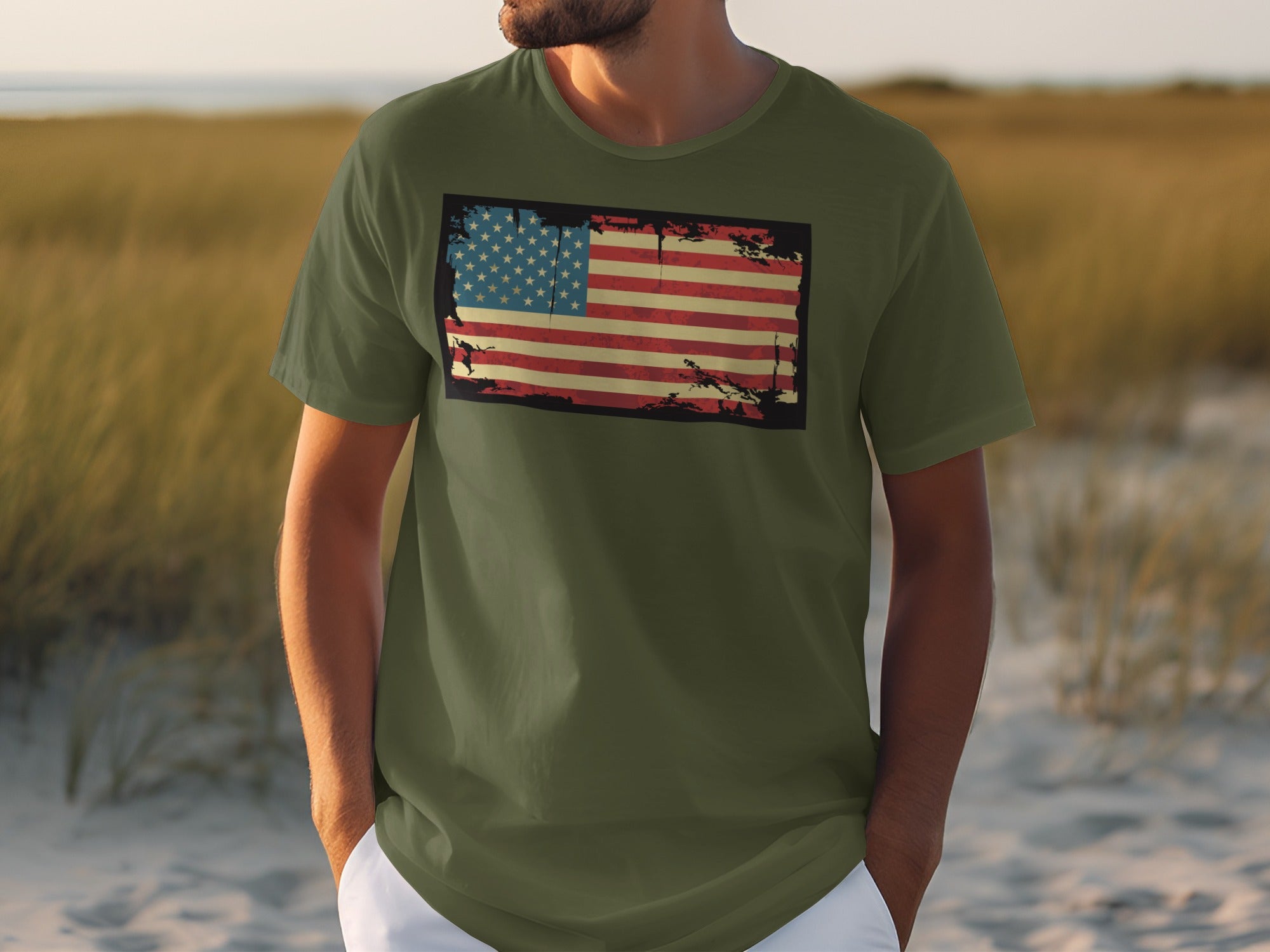 Olive t-shirt with distressed American flag graphic on chest.