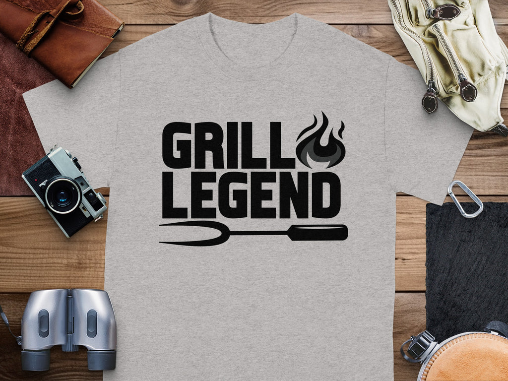 Grey t-shirt with "GRILL LEGEND" text and a grill fork graphic.