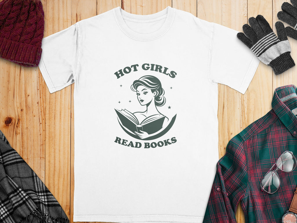 White t-shirt with "Hot Girls Read Books" text and cartoon illustration.