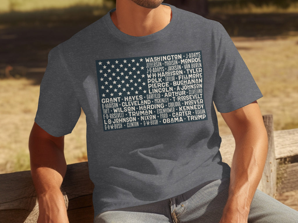 Dark grey t-shirt with US flag design listing presidents.