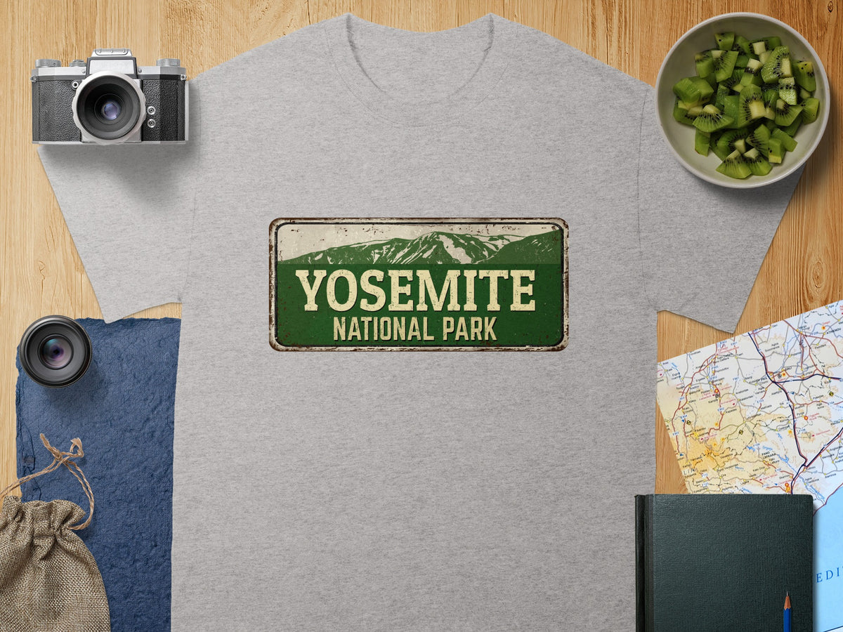 Grey t-shirt featuring a distressed Yosemite National Park sign graphic.