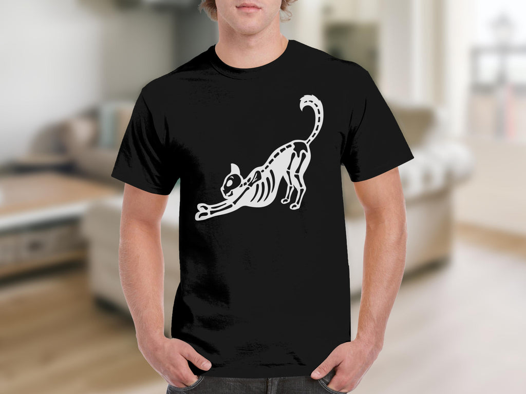Black t-shirt with a white skeleton cat stretching graphic.