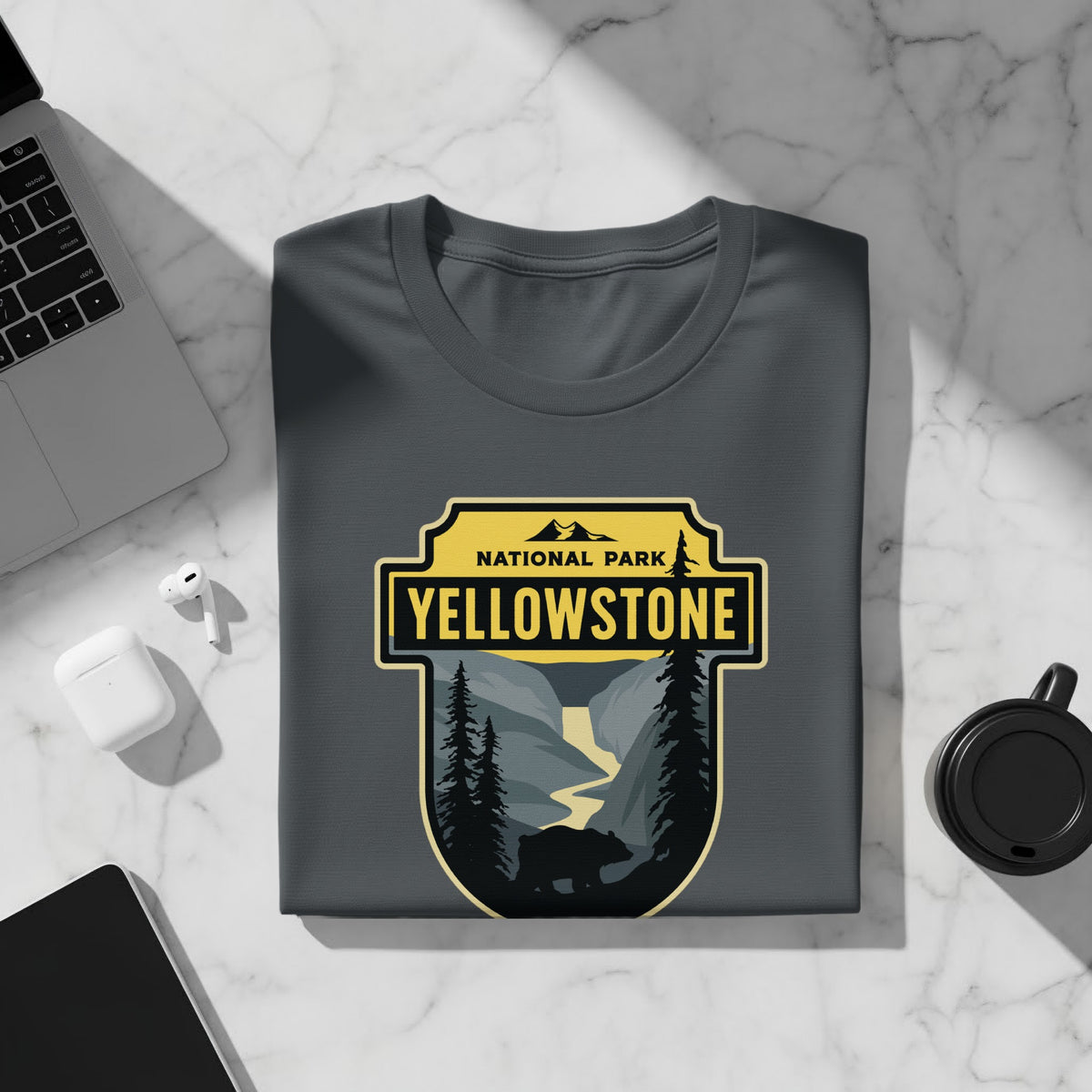 Dark gray t-shirt featuring a Yellowstone National Park graphic with bear and mountains.