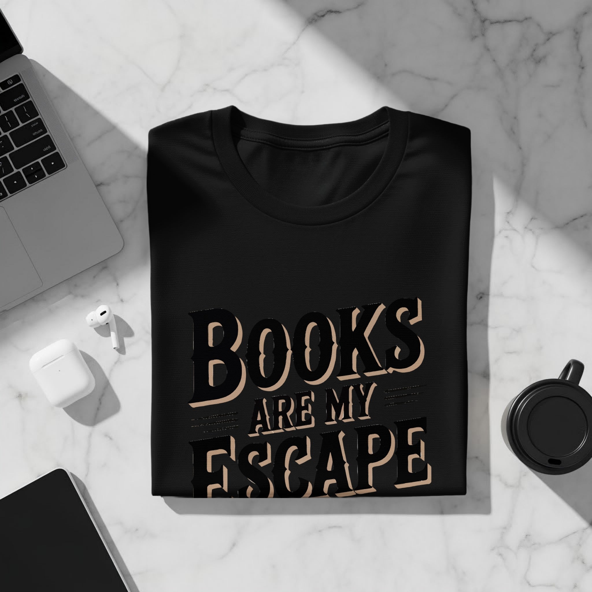 Black t-shirt with the text "BOOKS ARE MY ESCAPE" in distressed lettering.