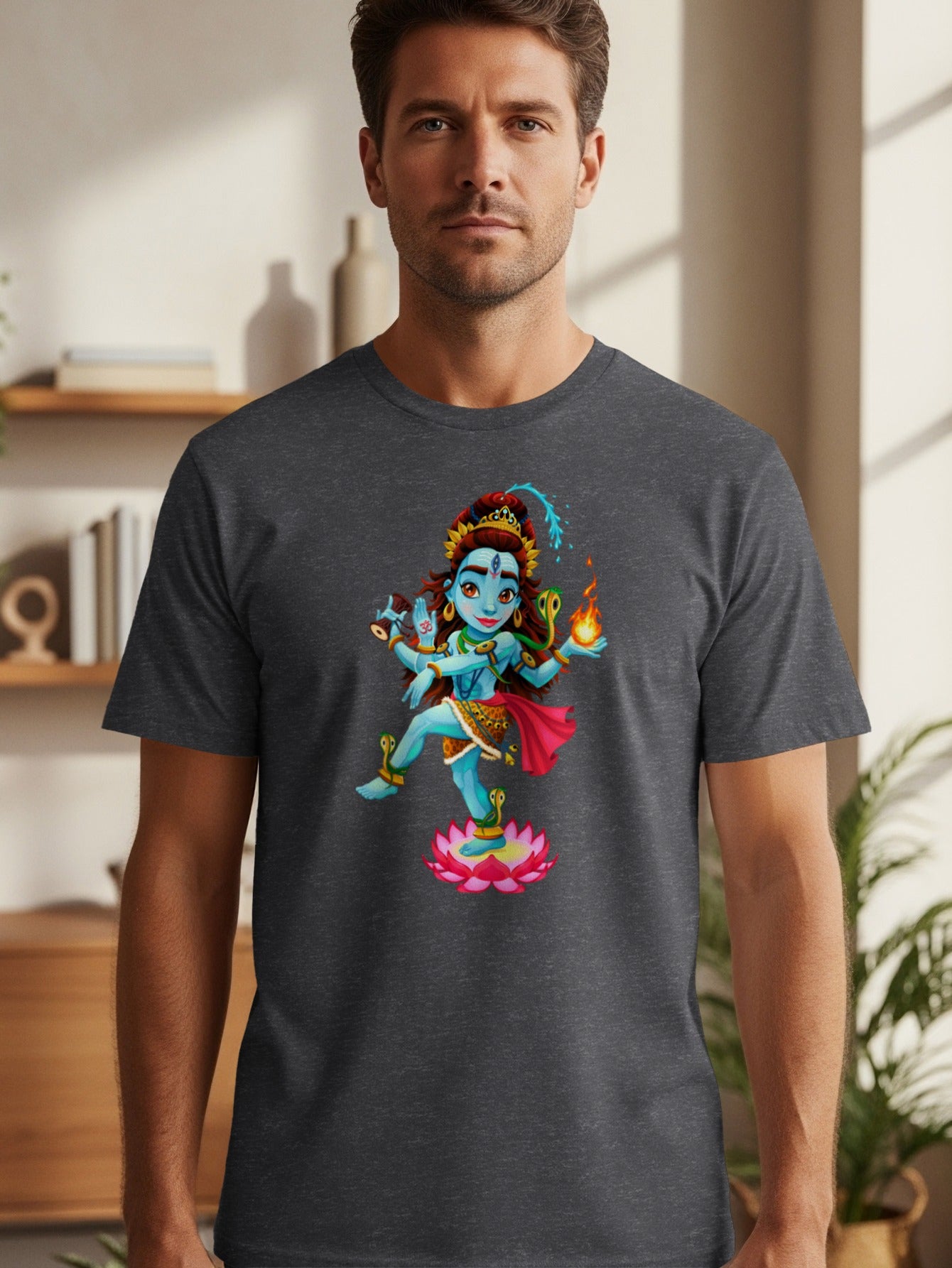 Cartoon deity with multiple arms and blue skin stands on a lotus flower.