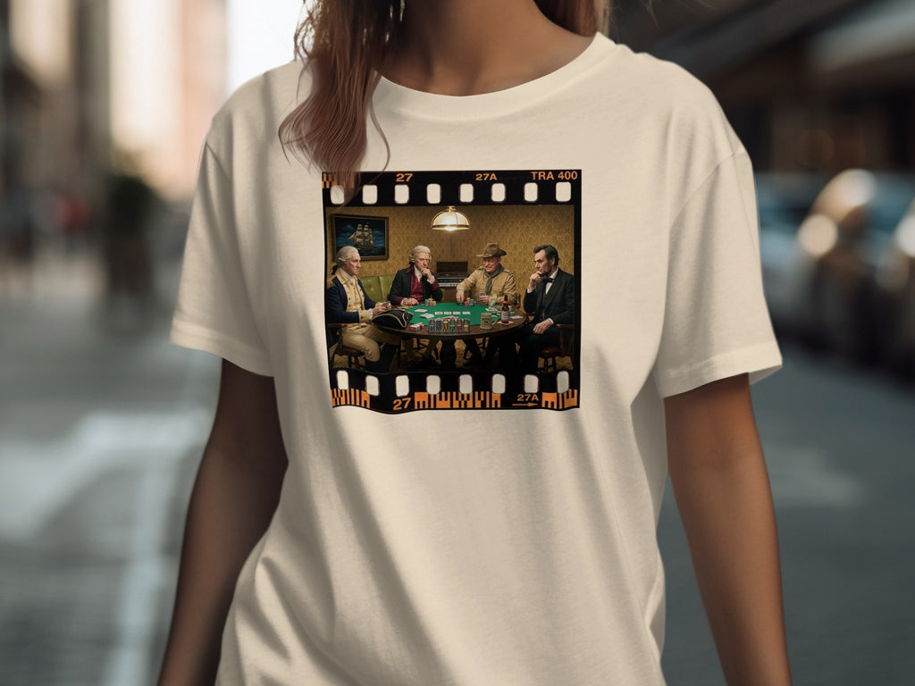 Four historical figures play poker in a film strip frame, Lincoln and cowboys included.