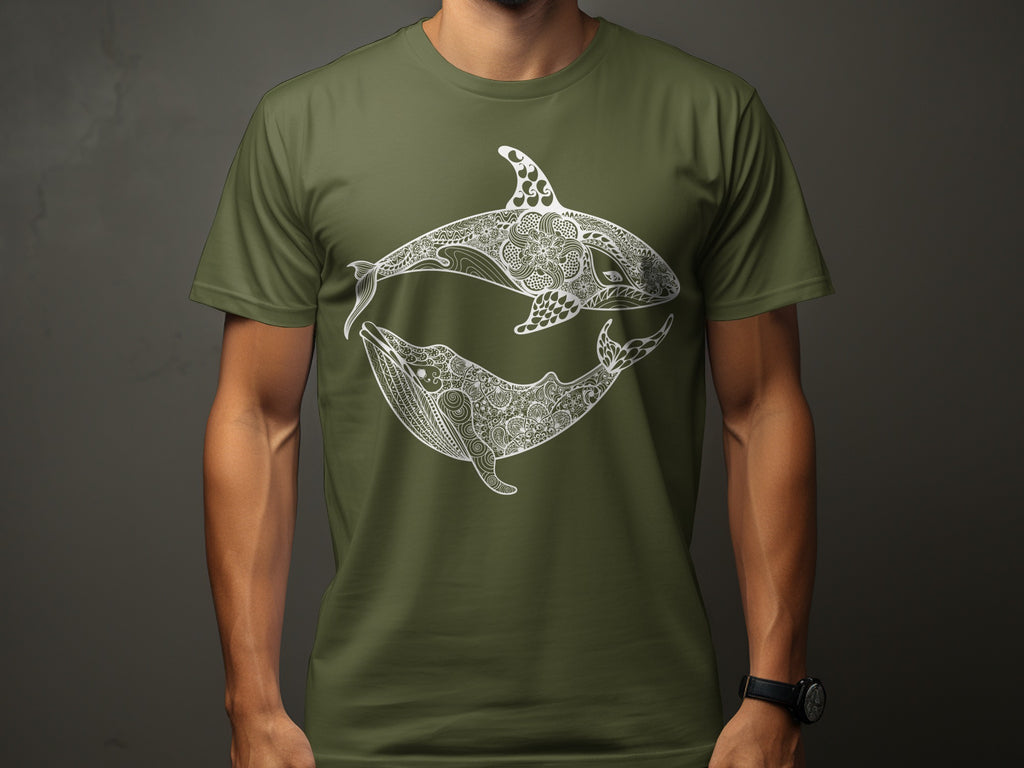 T-shirt with white ornamental orca and whale design