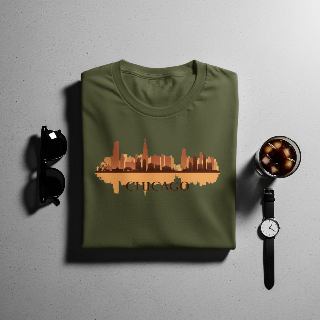 Green t-shirt with Chicago skyline graphic and text.