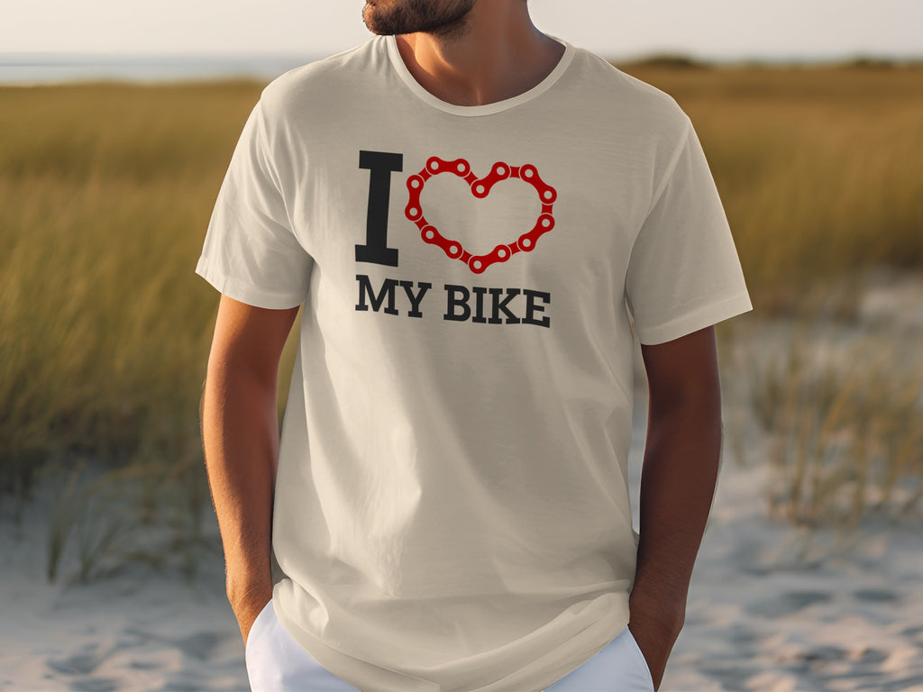 T-shirt with "I Love My Bike" text and a bicycle chain heart graphic.