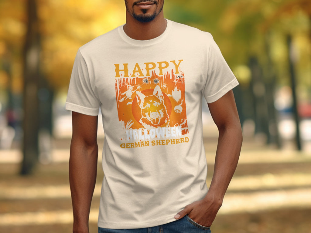 Cream t-shirt with a German Shepherd Halloween graphic featuring spiders and ghosts.