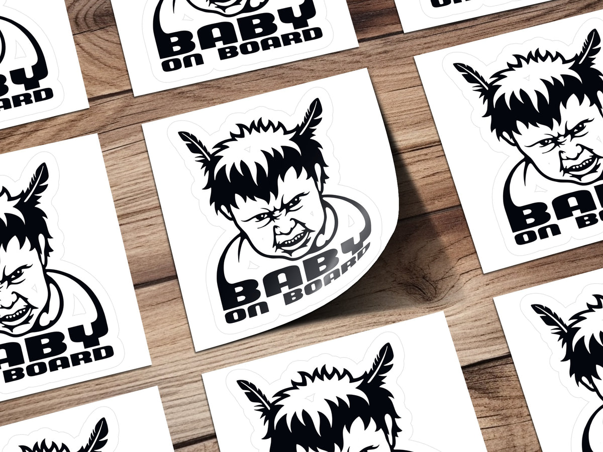 Baby on board stickers featuring a fierce baby with feathers in its hair.